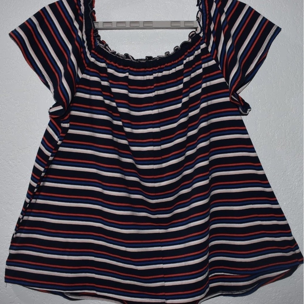 Lane Bryant 2X Stretch Top Patriot Stripe Elastic Boat Neck Short Cap‎ Sleeve